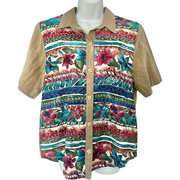 Vintage 90s Brown Floral Striped Short Sleeve Collared Button Down Shirt size M - Picture 2 of 11